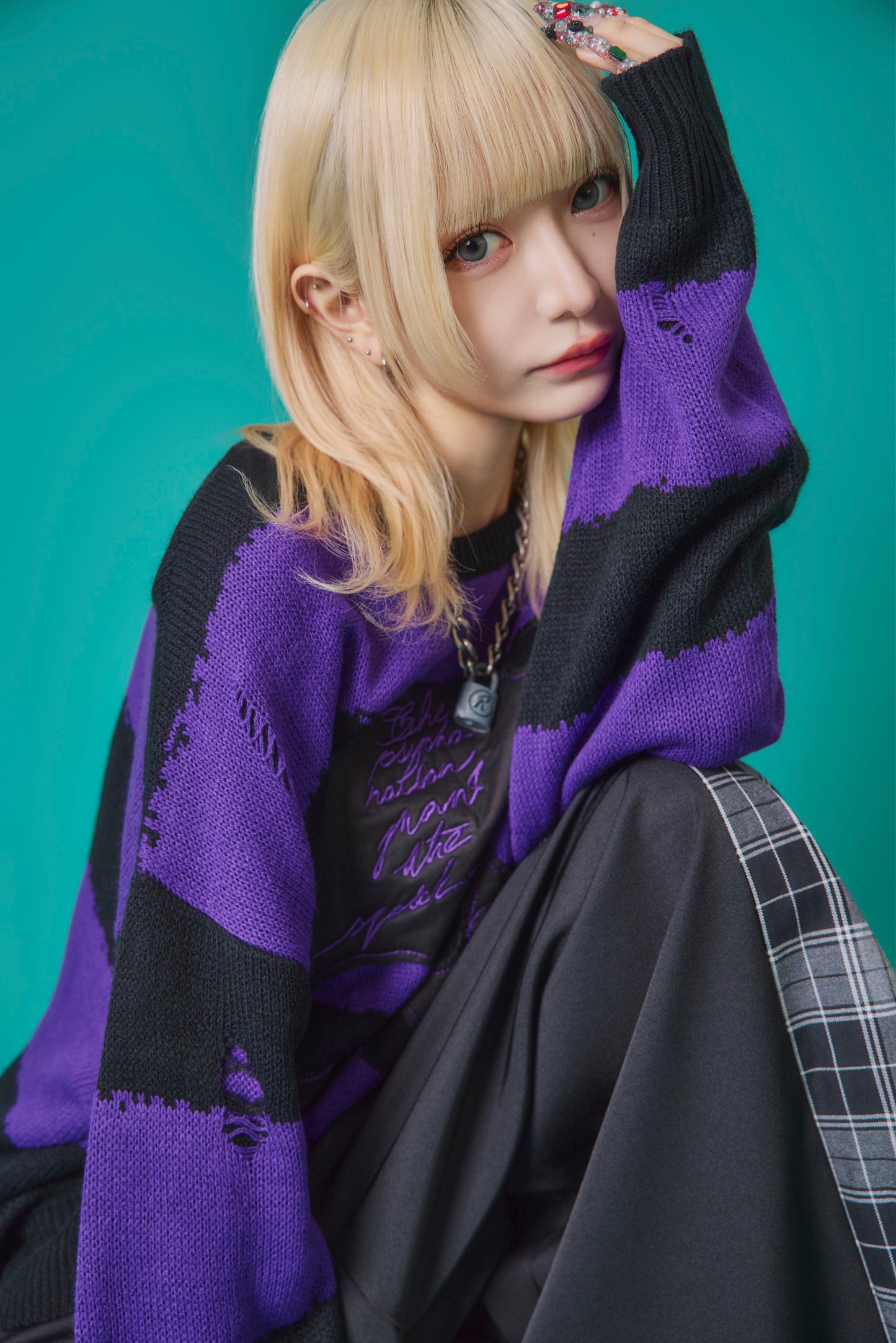 【PSYCHO NATION】スカルボーダー ダメージクルーネックニット(745200)