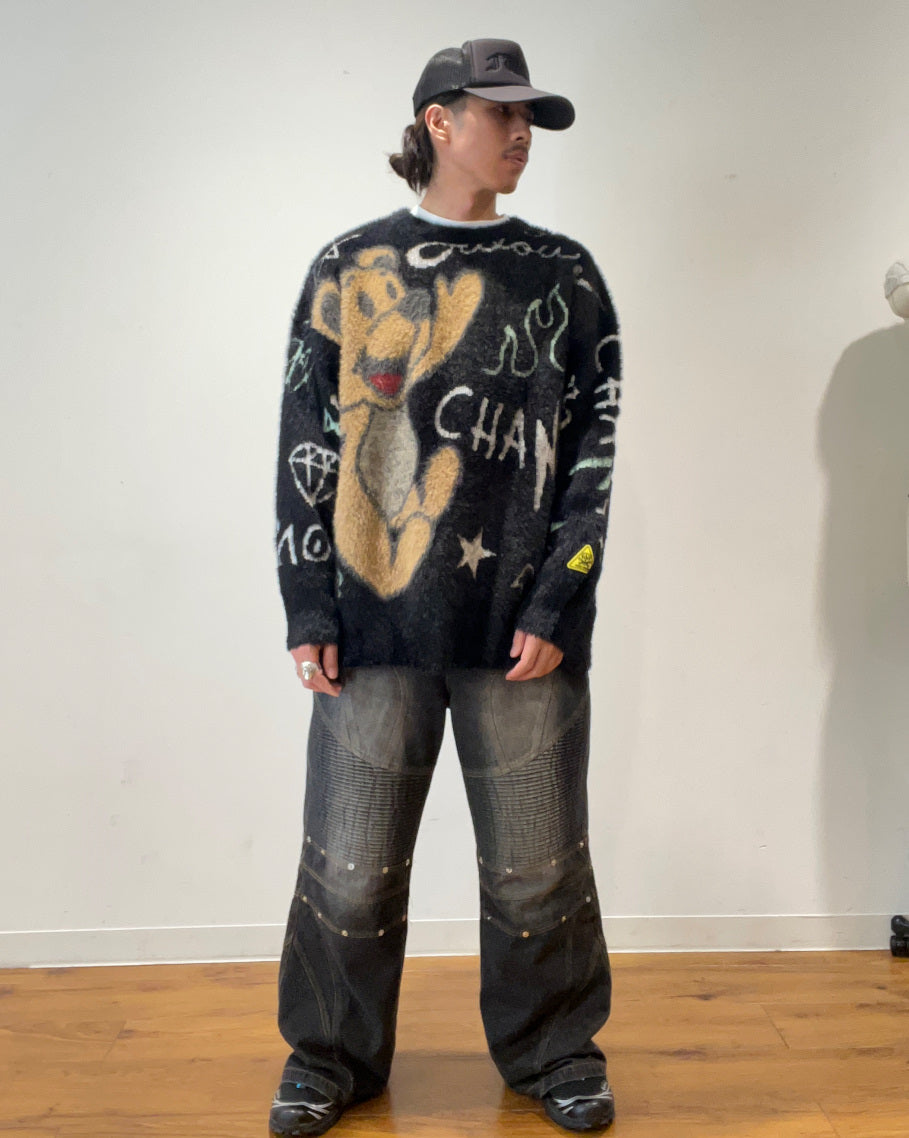 【Y.e(J)ow】Y.J KUMA シャギー混総柄JQクルーニット (135811)