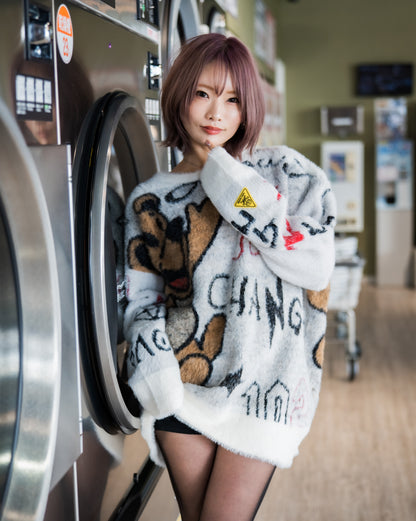 【Y.e(J)ow】Y.J KUMA シャギー混総柄JQクルーニット (135811)