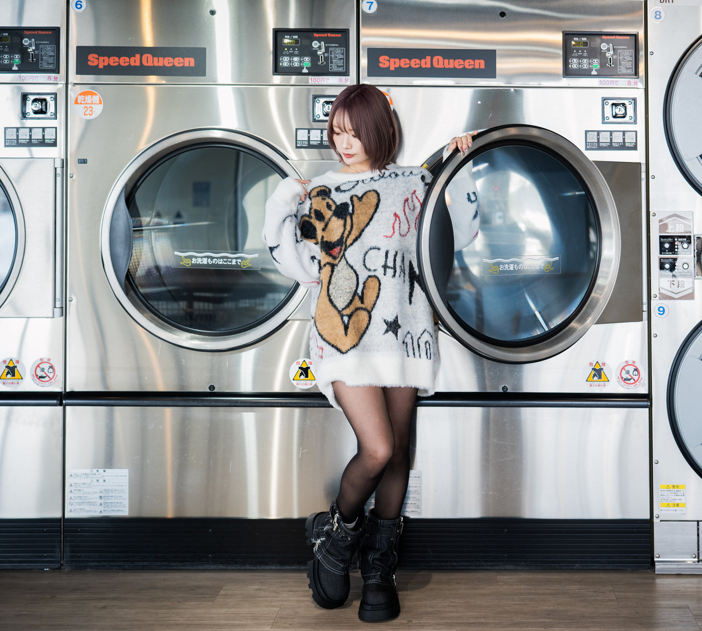 【Y.e(J)ow】Y.J KUMA シャギー混総柄JQクルーニット (135811)