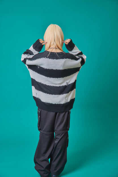 【PSYCHO NATION】スカルボーダー ダメージクルーネックニット(745200)