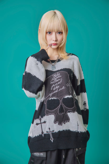【PSYCHO NATION】スカルボーダー ダメージクルーネックニット(745200)