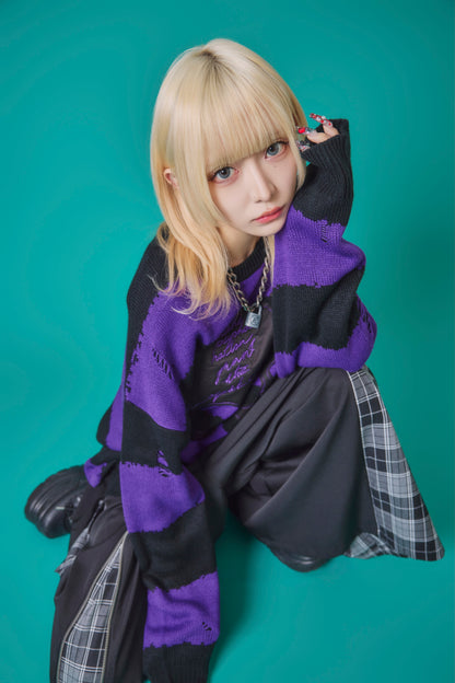 【PSYCHO NATION】スカルボーダー ダメージクルーネックニット(745200)