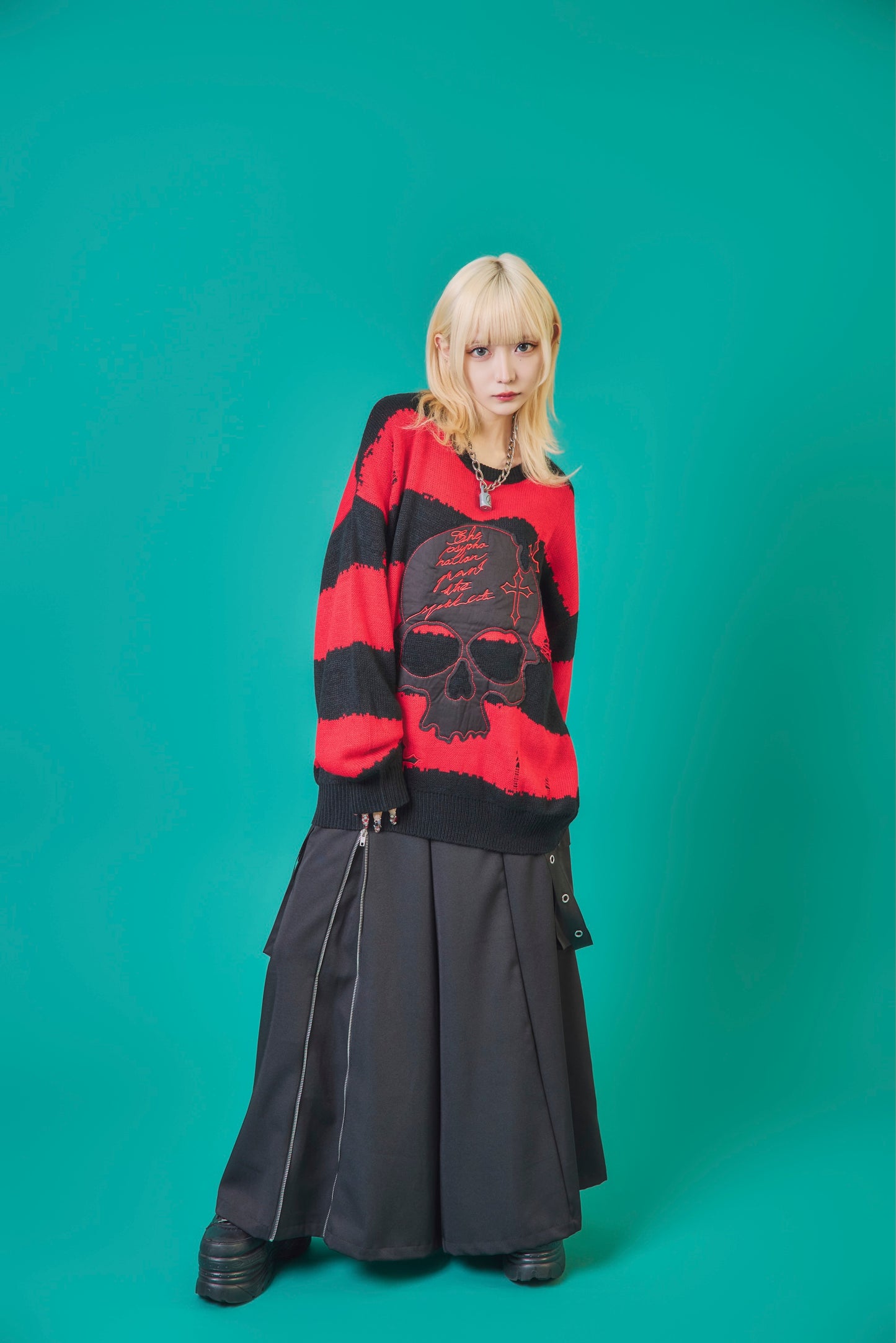 【PSYCHO NATION】スカルボーダー ダメージクルーネックニット(745200)