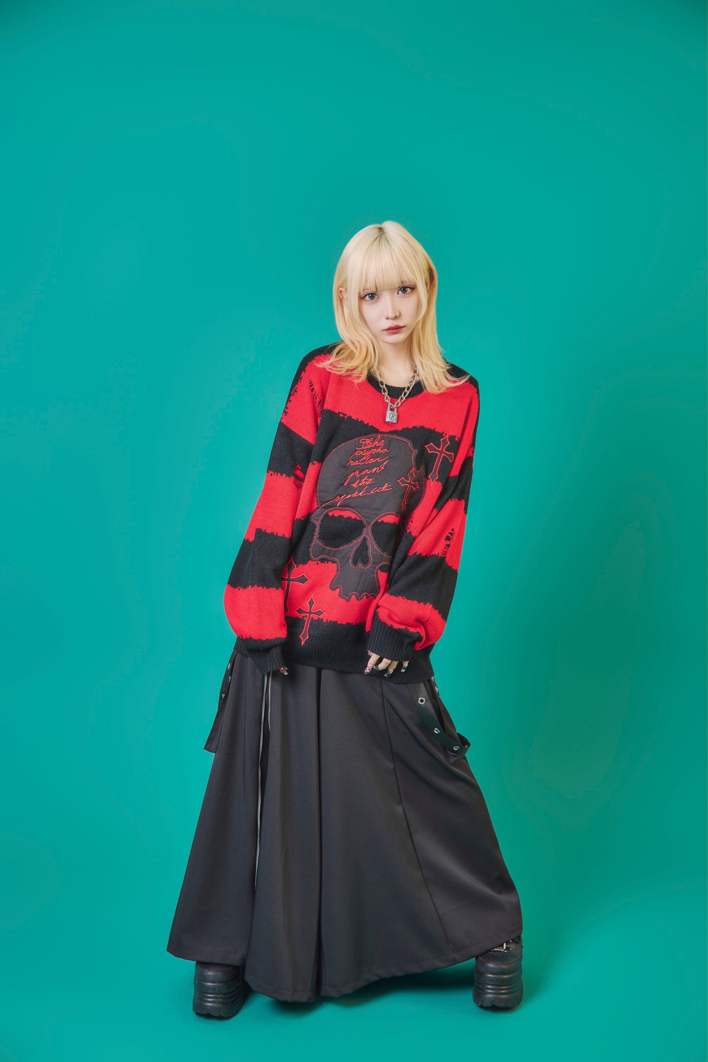 【PSYCHO NATION】スカルボーダー ダメージクルーネックニット(745200)