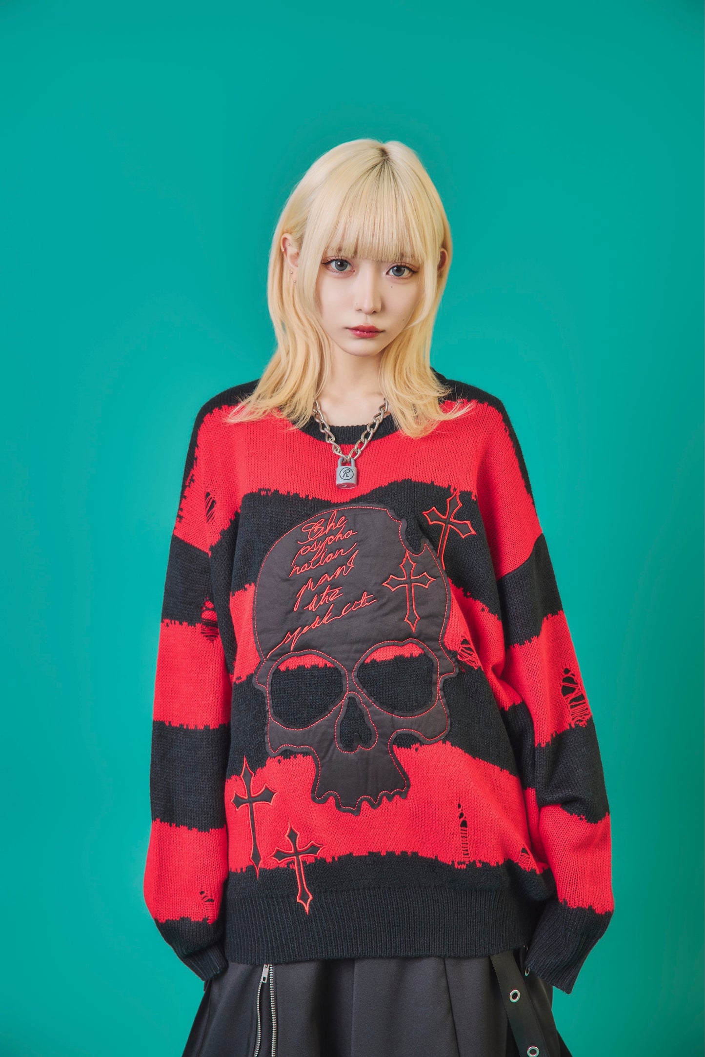 【PSYCHO NATION】スカルボーダー ダメージクルーネックニット(745200)