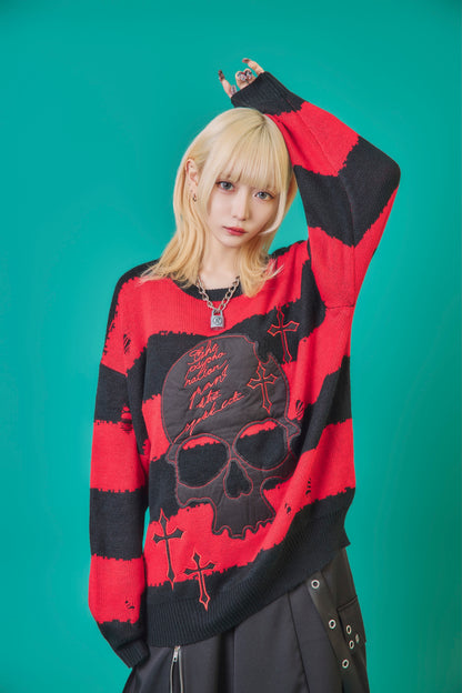【PSYCHO NATION】スカルボーダー ダメージクルーネックニット(745200)