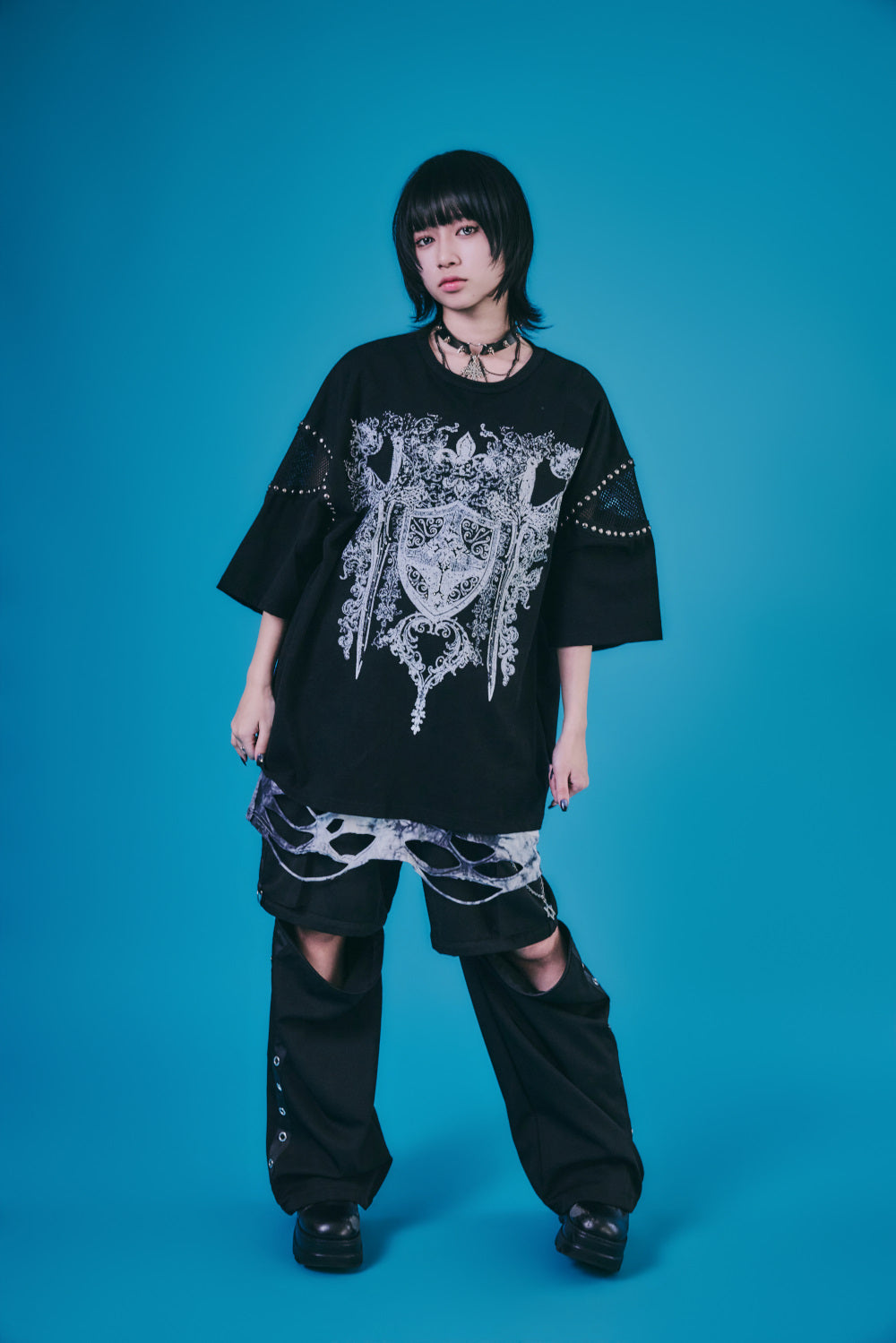 【PSYCHO NATION】メッシュ切り替えストーンTEE(726805)