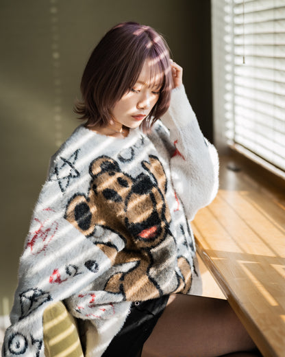 【Y.e(J)ow】Y.J KUMA シャギー混総柄JQクルーニット (135811)